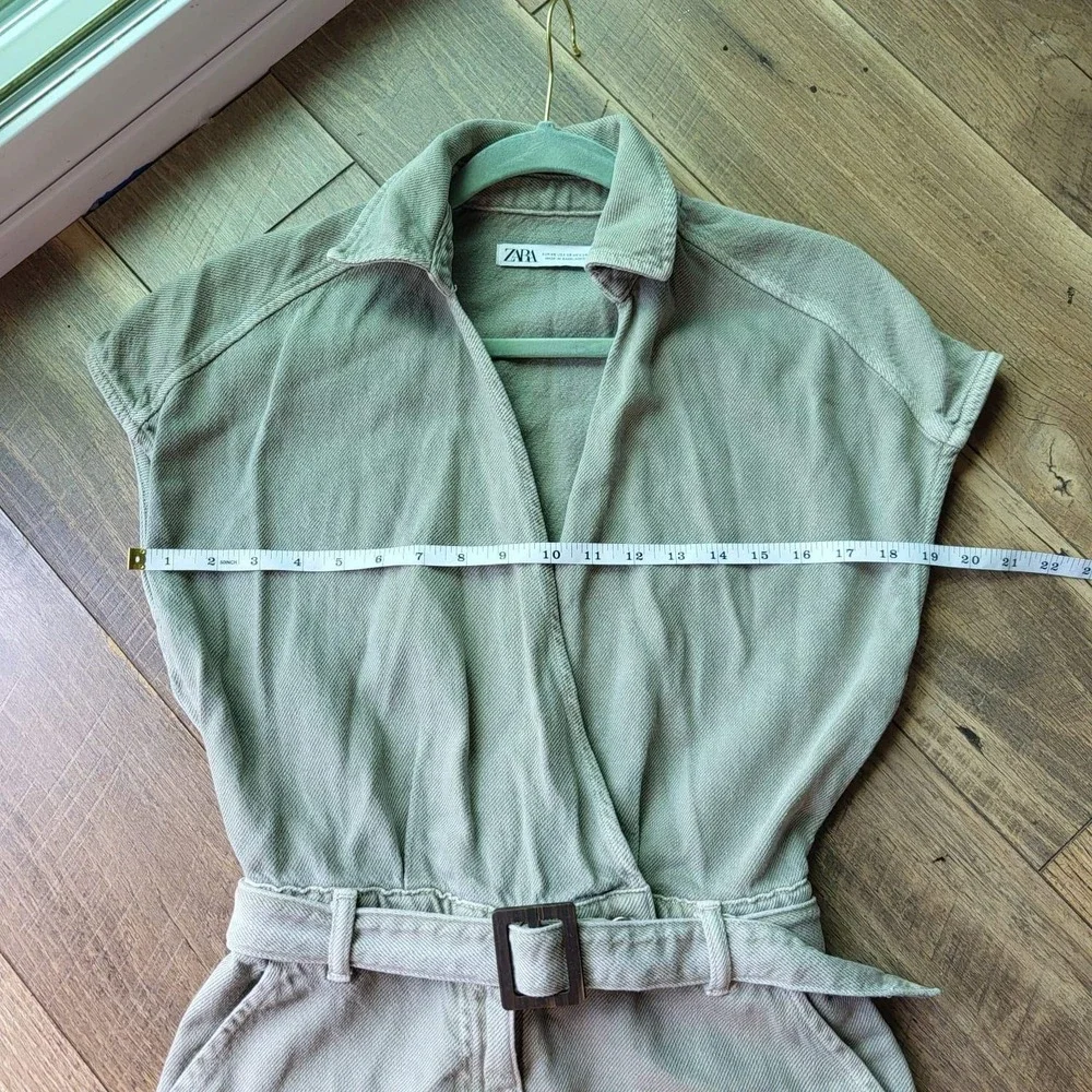 Zara Womens Sage Green Denim Belted Utility Jumpsuit Short Sleeve XS 1887/163